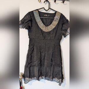 Black Beaded Neckline Ruffled Sleeve Dress